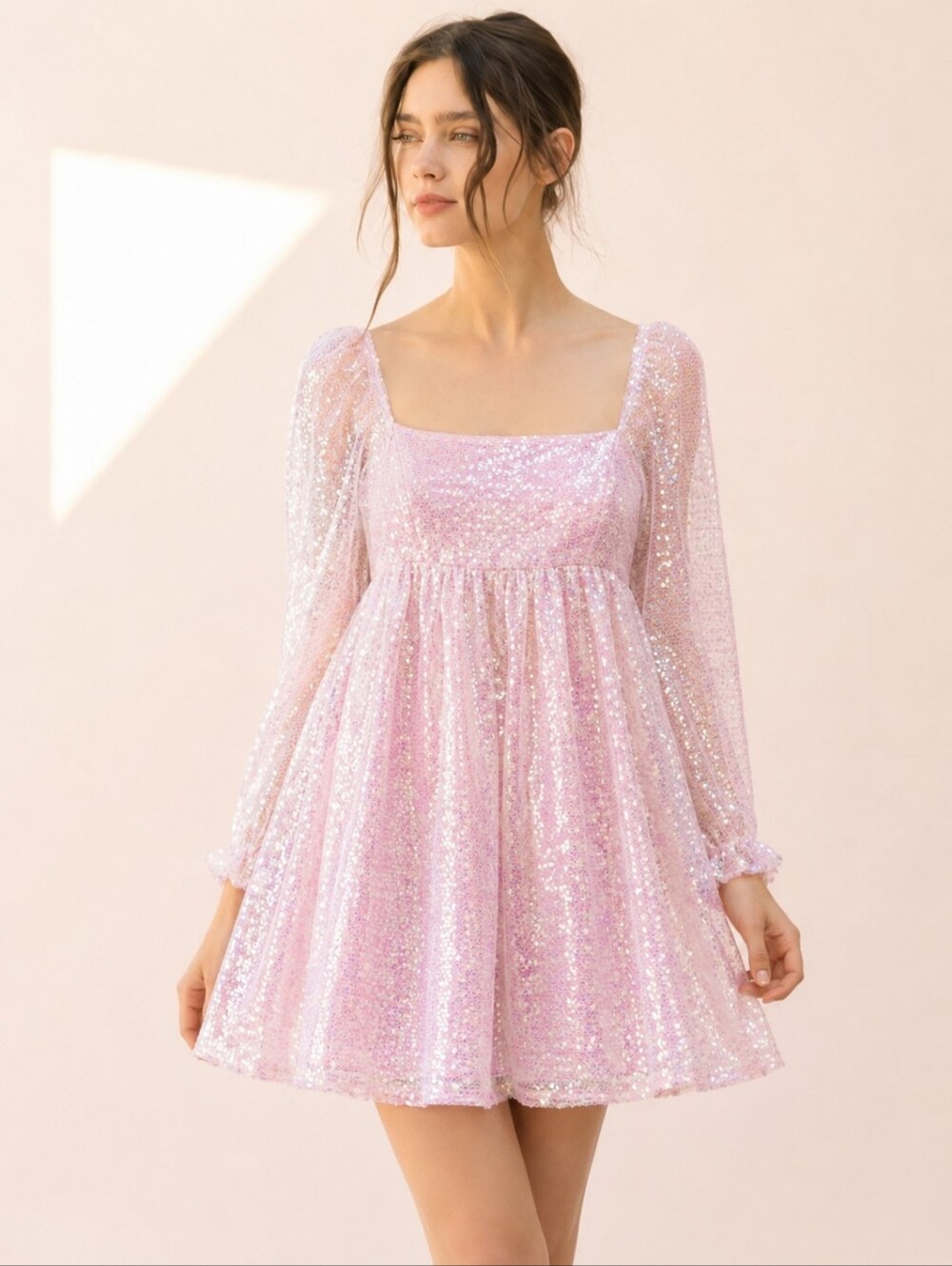 Storia Pink Sequin Babydoll Mini Dress Size S Sheer Puff Sleeves Sparkly